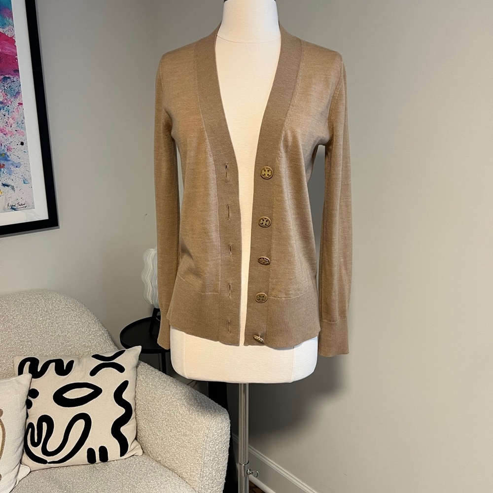 Tory Burch 100% Merino Wool Simone Cardigan, Camel/Tan, Size Small